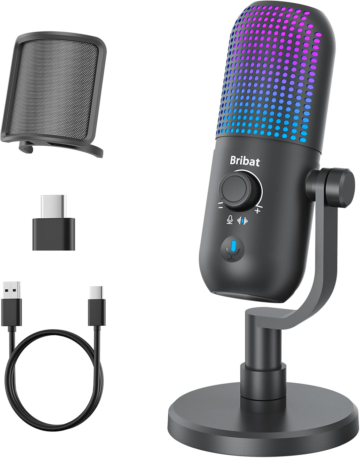 Detalle de BRIBAT BR-D68-NEW USB Desktop Microphone with RGB and One-Touch Mute
