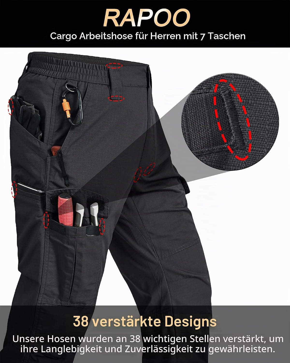 Thumbnail 1 de Rapoo Cargohose Herren Outdoor Workwear: Ripstop-Wanderhose mit 7 Taschen