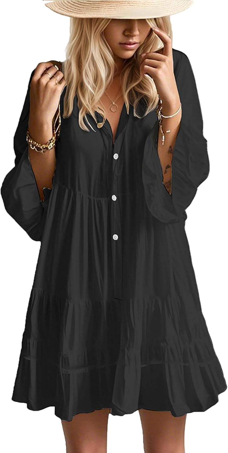 Detalle de Opemiby Summer Dresses for Women 2026: Flowy Ruffle 3/4 Sleeve V-Neck Tiered Babydoll Boho Beach Mini Dress