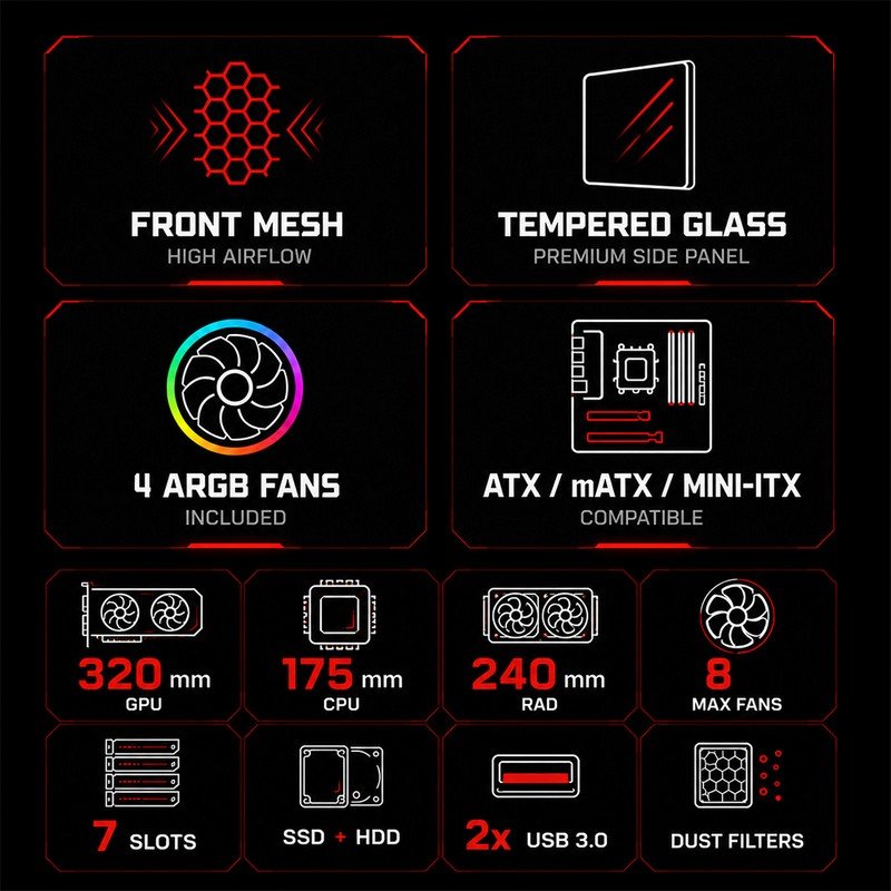 Detalle 2 de Tempest Ironvale: Caja PC ATX ARGB Mesh Negra