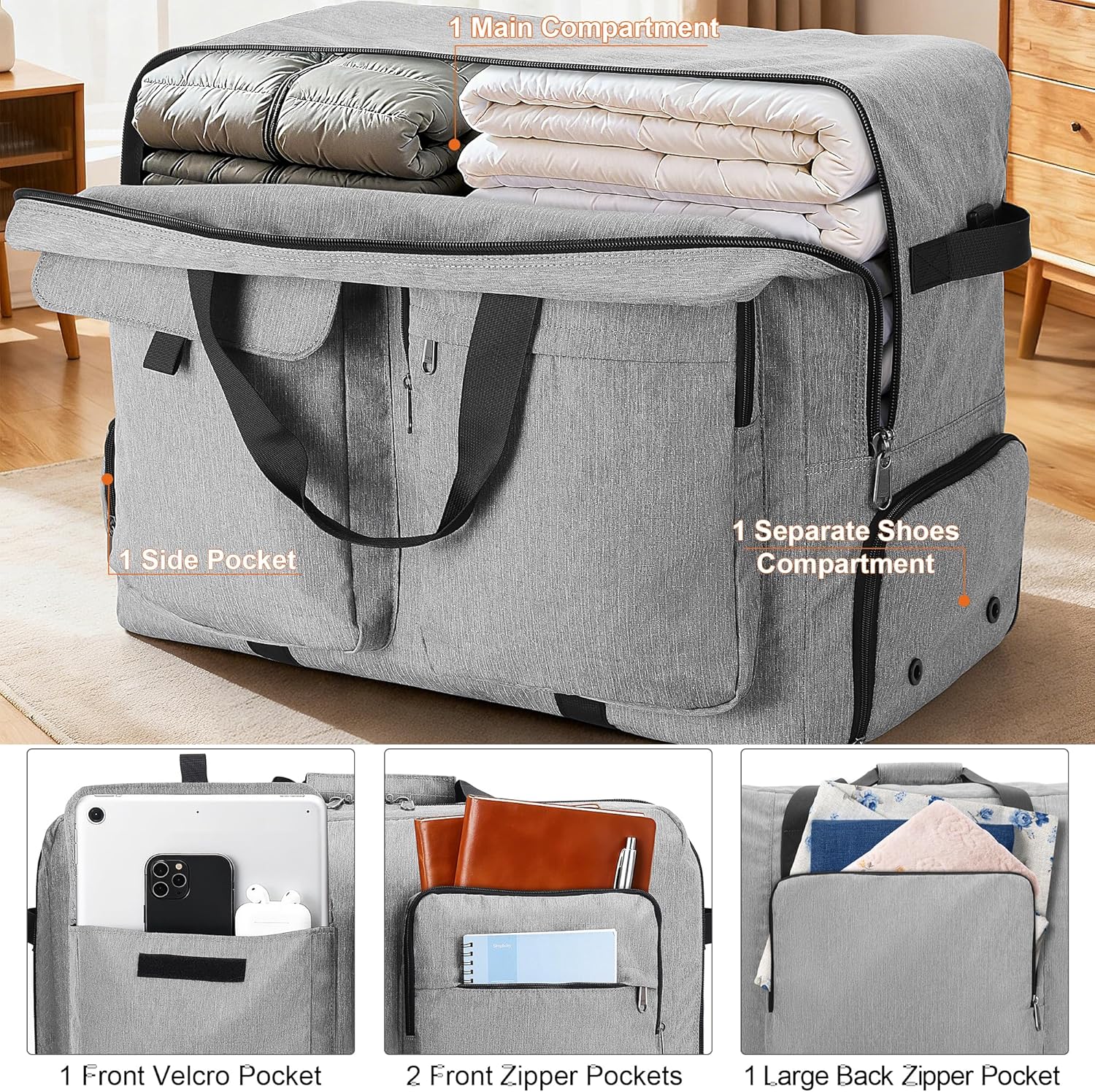 Detalle de Sac de Voyage Pliable 100L avec Compartiment à Chaussures — Léger, Confortable et Multifonction