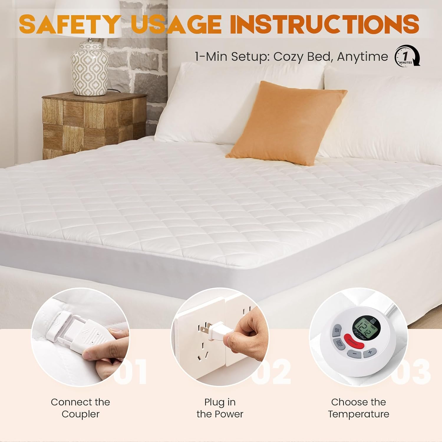 Detalle 1 de DOPEDIO Twin XL Heated Mattress Pad, White, 12 Heat Settings
