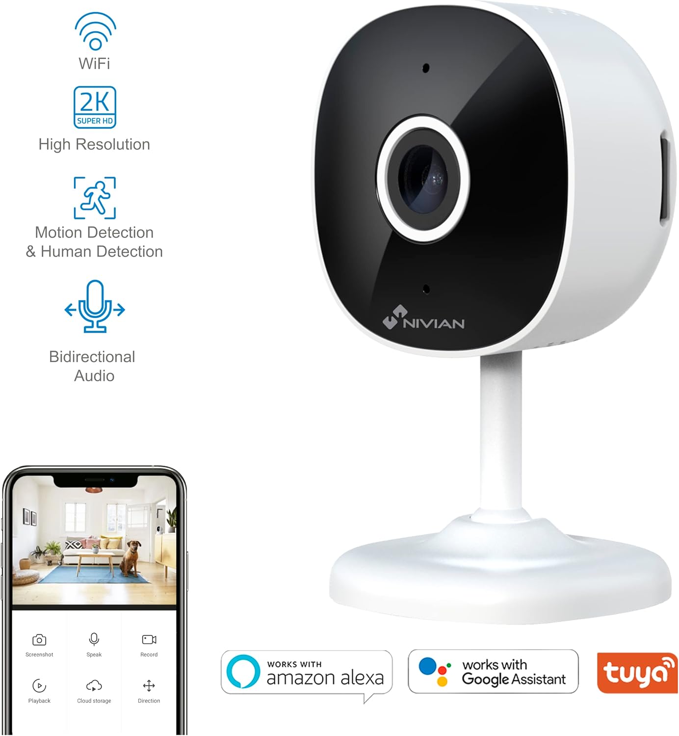 Thumbnail 1 de NIVIAN Telecamera WiFi 2K per interni con rilevamento persone, audio bidirezionale e compatibilità Alexa/Google Home