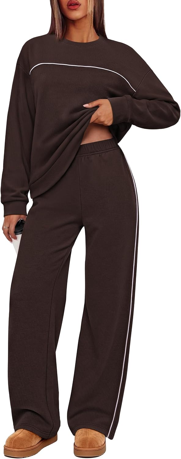 Detalle de OFEEFAN Women's Two-Piece Lounge Set with Contrast Piping and Wide-Leg Pants
