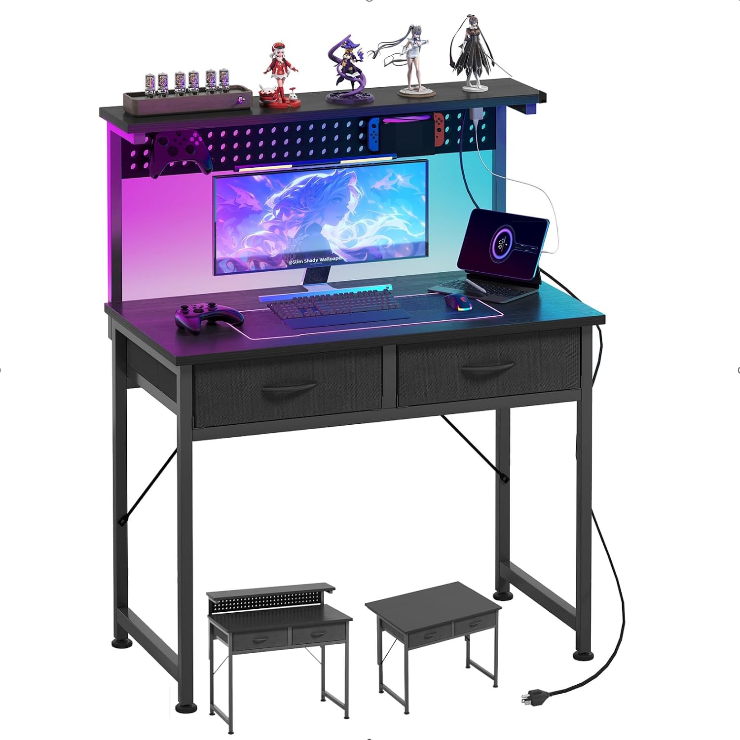 Detalle de Flrrtenv 31-Inch Gaming Desk with Pegboard, Adjustable LED and 2 Drawers