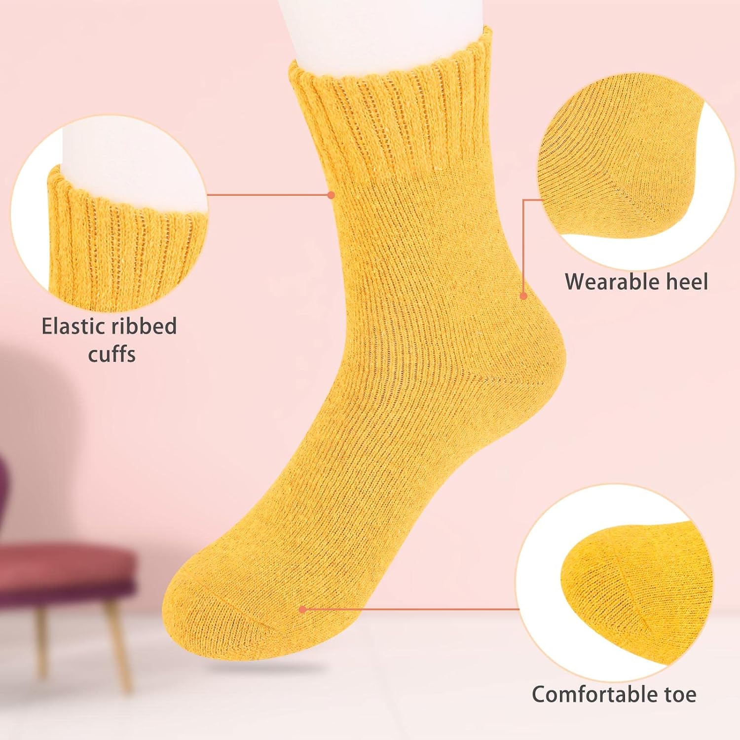 Thumbnail 6 de VoJoPi Wool Socks for Women, 5 Pairs, Fuzzy Terry Lining, Size 5–10