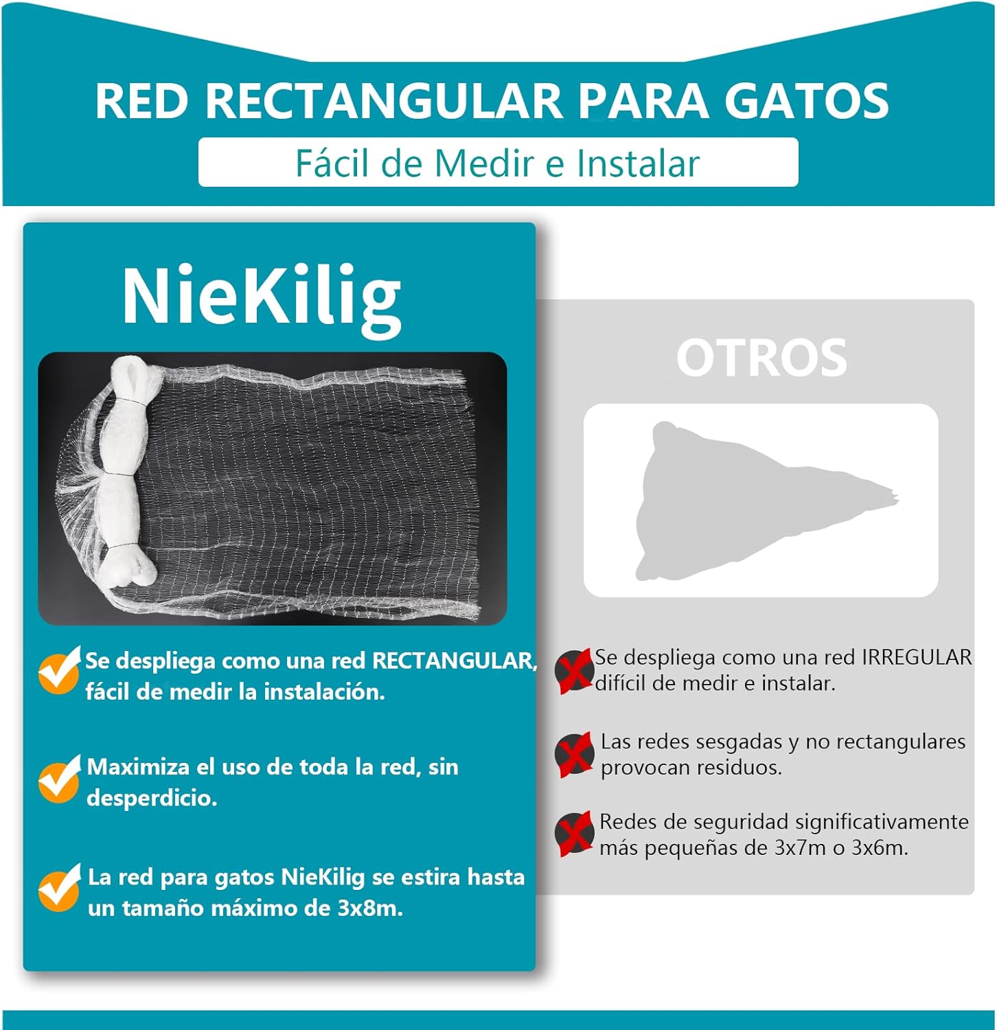 Detalle 2 de NieKilig red para gatos transparente 8x3 m (sin taladro) para terraza, balcones y ventanas