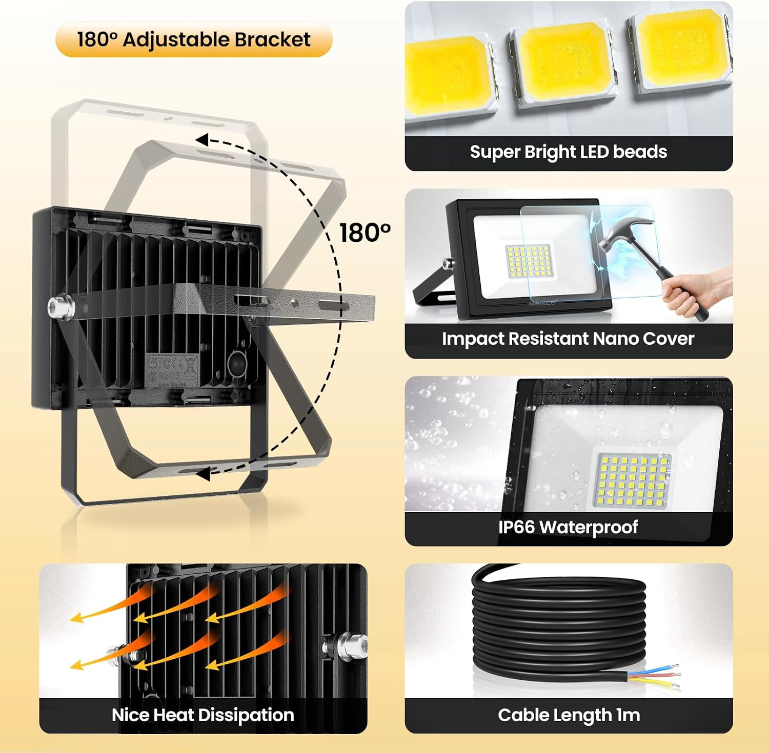 Detalle de MEIKEE 35W LED Floodlight Outdoor: 3000 Lumen Security Light with IP66 Waterproofing