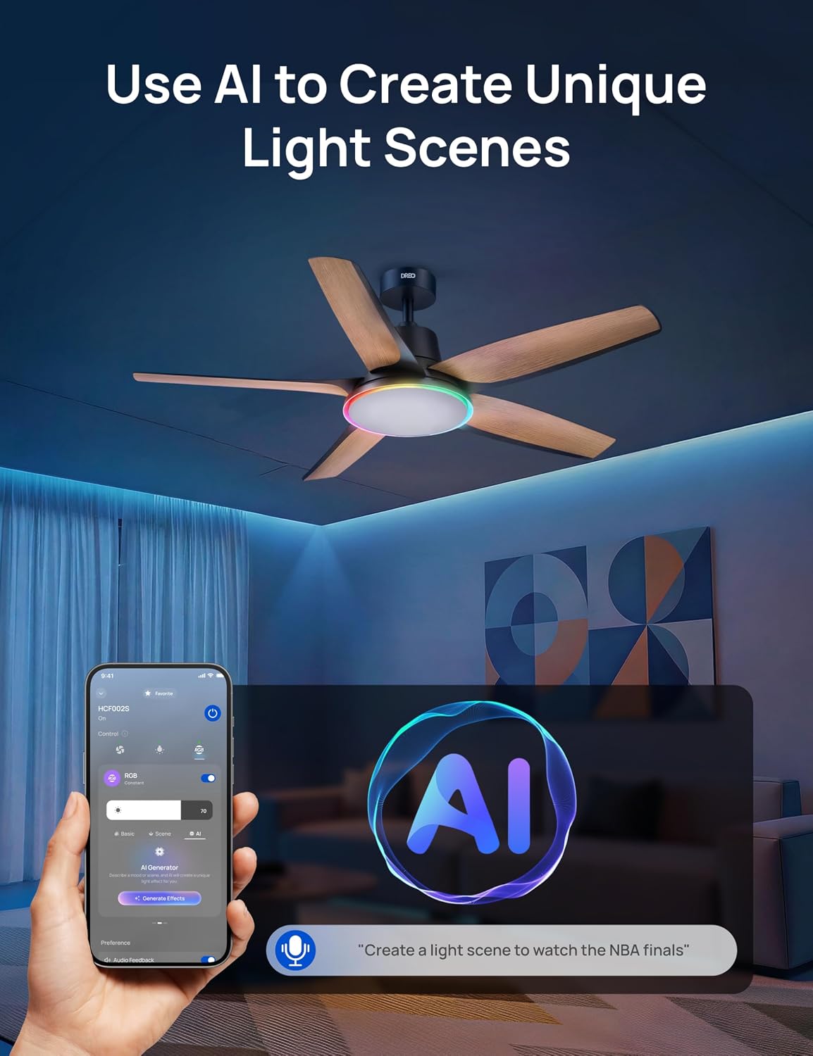 Detalle de DREO Smart Ceiling Fan with Lights (Low Profile, 52in) with Alexa/App Control, Dimmable RGB Ambiance, Black