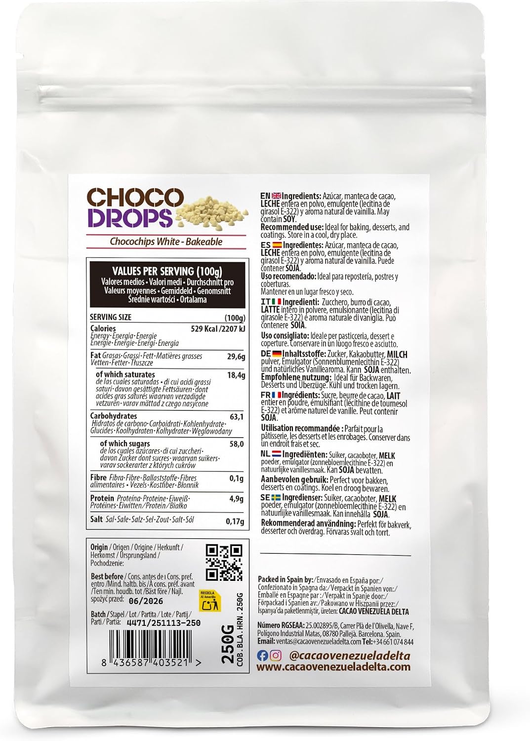 Detalle 2 de Cacao V Delta Pepitas Chocolate Blanco 250 g para Repostería