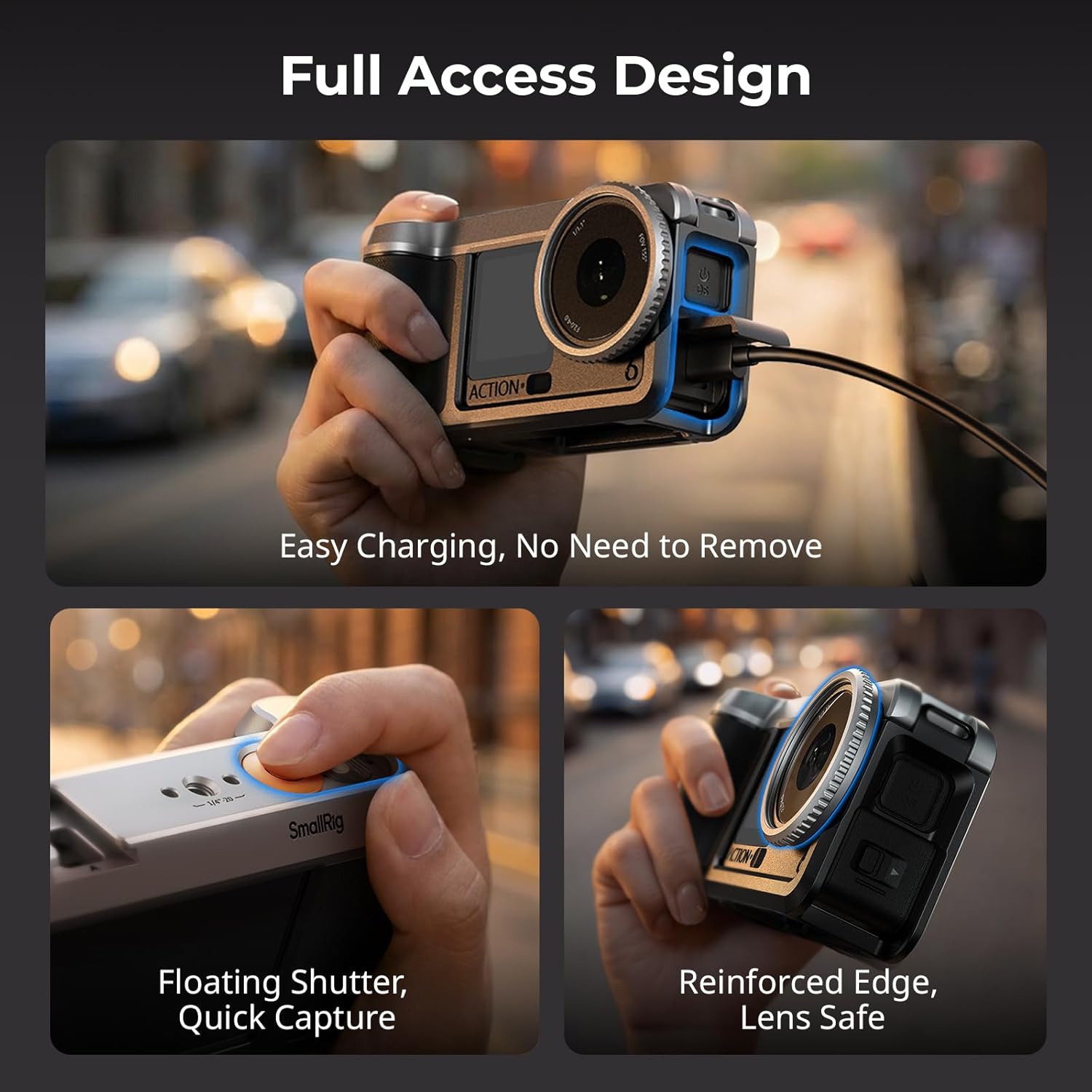 Detalle de SmallRig Kit Street Grip per DJI Osmo Action 6: gabbia in alluminio con slitta, tracolla e protezioni