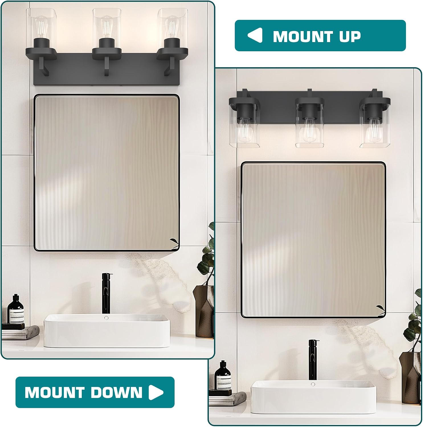 Detalle de Danshinro 3-Light Bathroom Vanity Light, Black Metal with Glass Shades