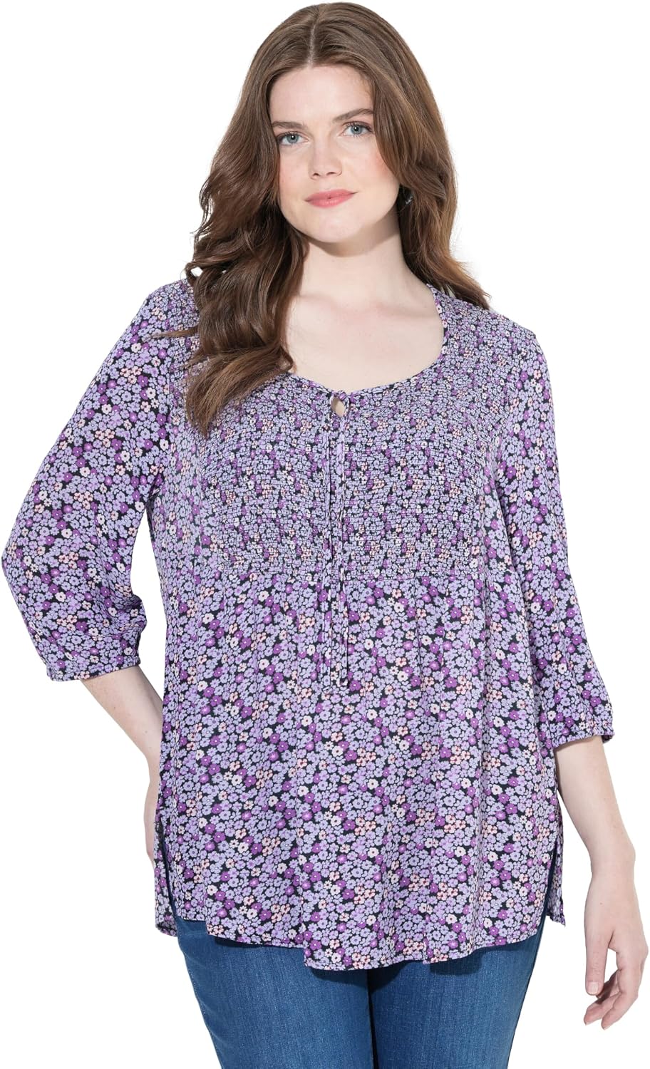 Detalle de Ulla Popken Smokbluse Große Größen – Blütenprint, A-Linie, Rundhals, 3/4-Arm