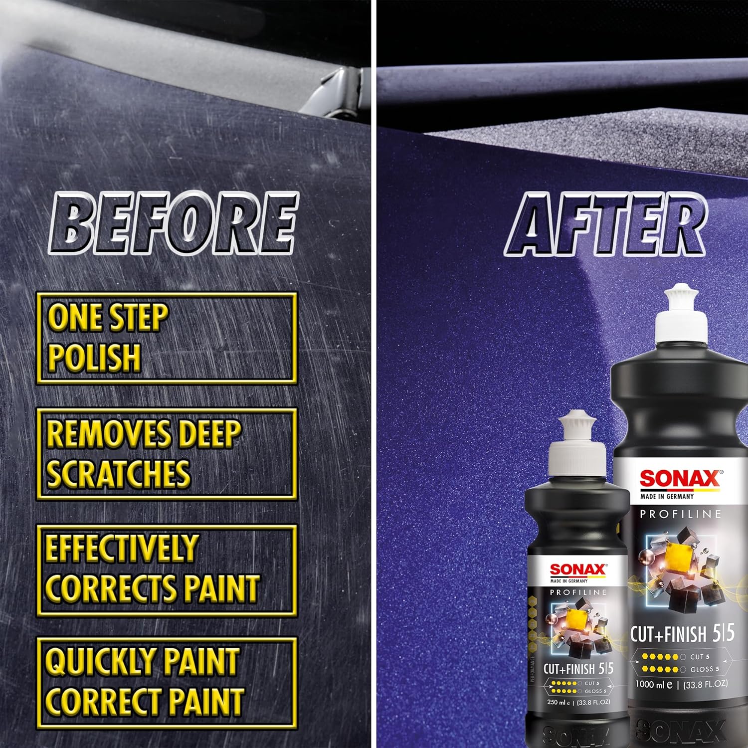 Detalle de SONAX PROFILINE Cut+Finish (250 ml) – Polish de finition pour un polissage brillant sans hologrammes