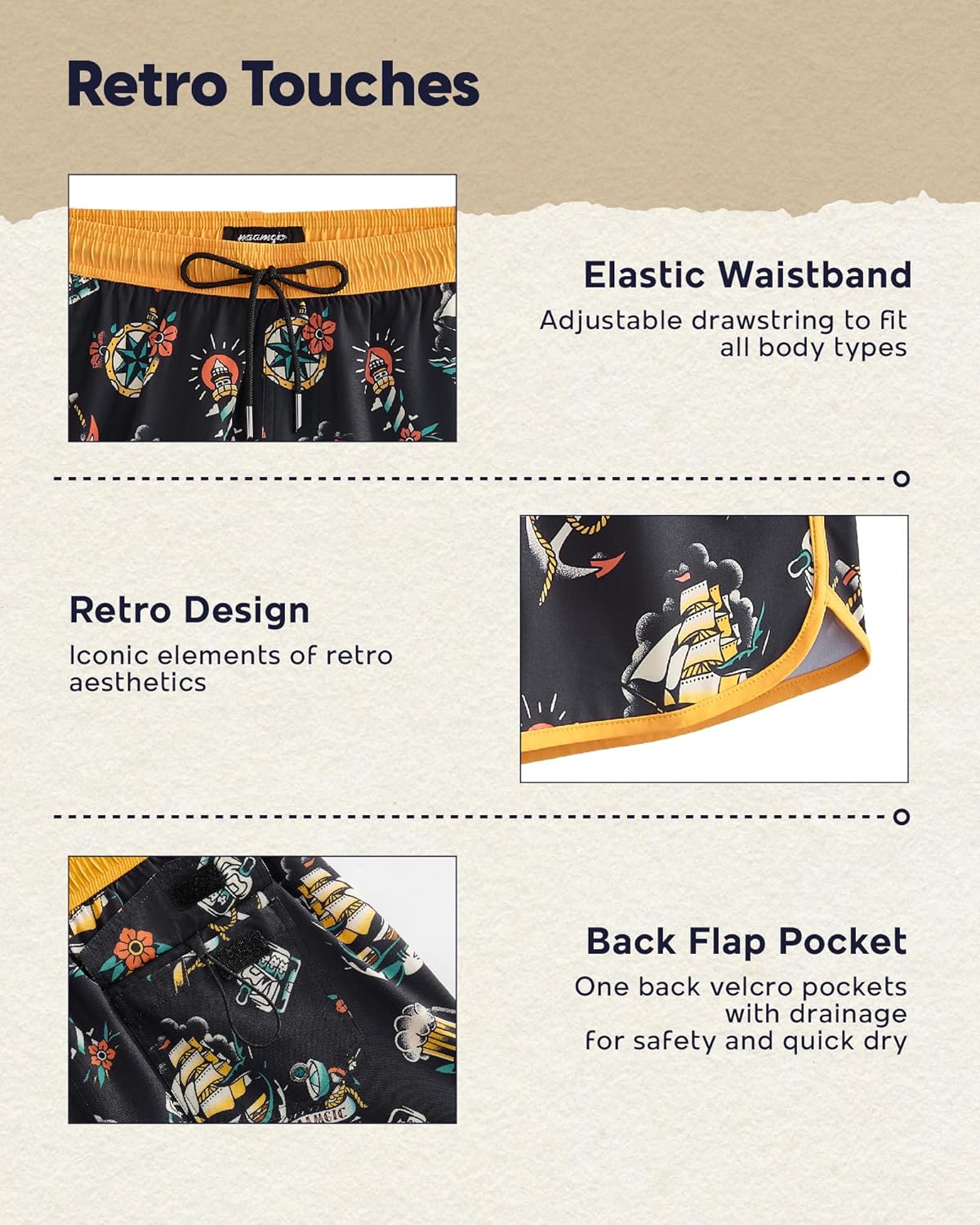 Thumbnail 2 de maamgic Mens Short 80s 90s Vintage 5.5" Swim Trunks – 2-in-1 Quick Dry Board Short