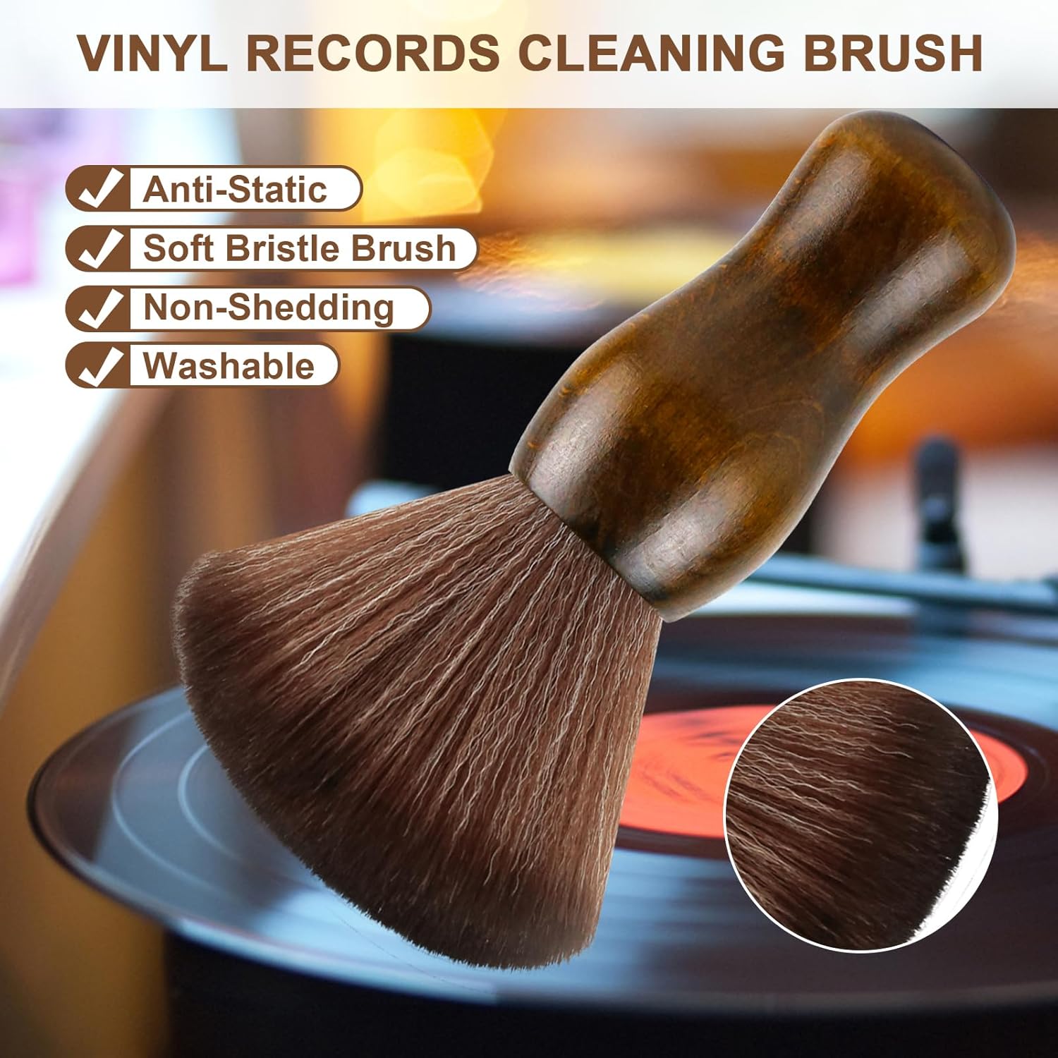 Detalle de XQ XIAO QIAO Vinyl Record Cleaning Brush – Anti-Static Dust Cleaner with Camphor Wood Handle
