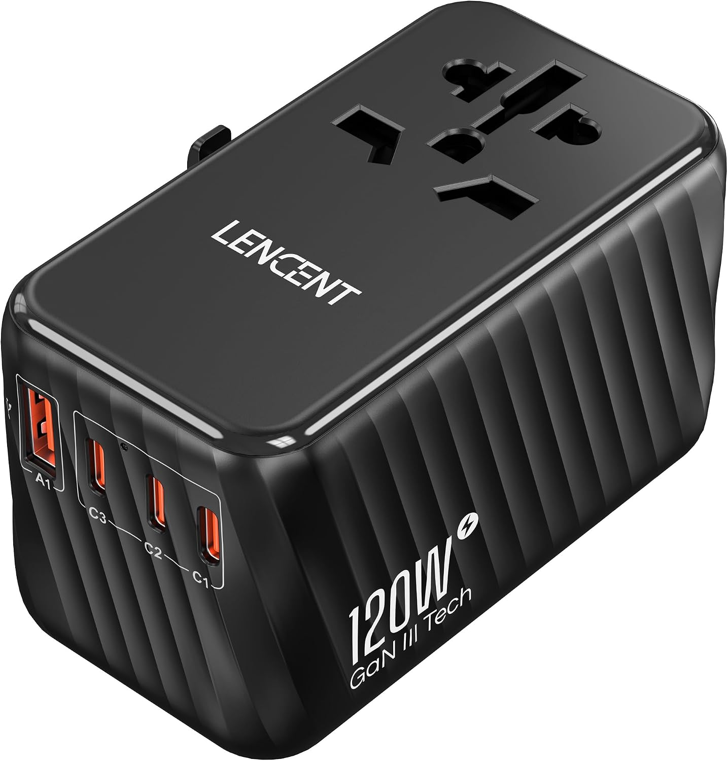 Detalle de LENCENT 120W Universal Reiseadapter Weltweit – Reise-Stecker mit 3× USB-A und 1× USB-C (GaN III)
