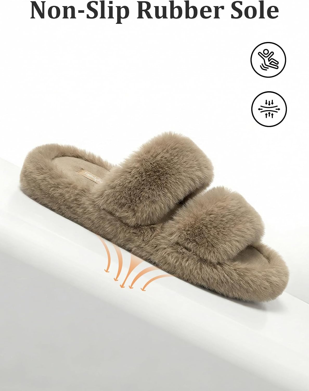 Detalle 1 de FamilyFairy Women's Two-Band Faux-Fur Slippers, Open Toe, Memory Foam, Rubber Sole