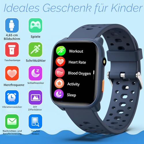 Thumbnail 1 de ModaWin Smartwatch Kinder – 1,85'' HD-Touchscreen, IP68, 100+ Sportmodi, Schlafmonitor & Pulsüberwachung (Blau)
