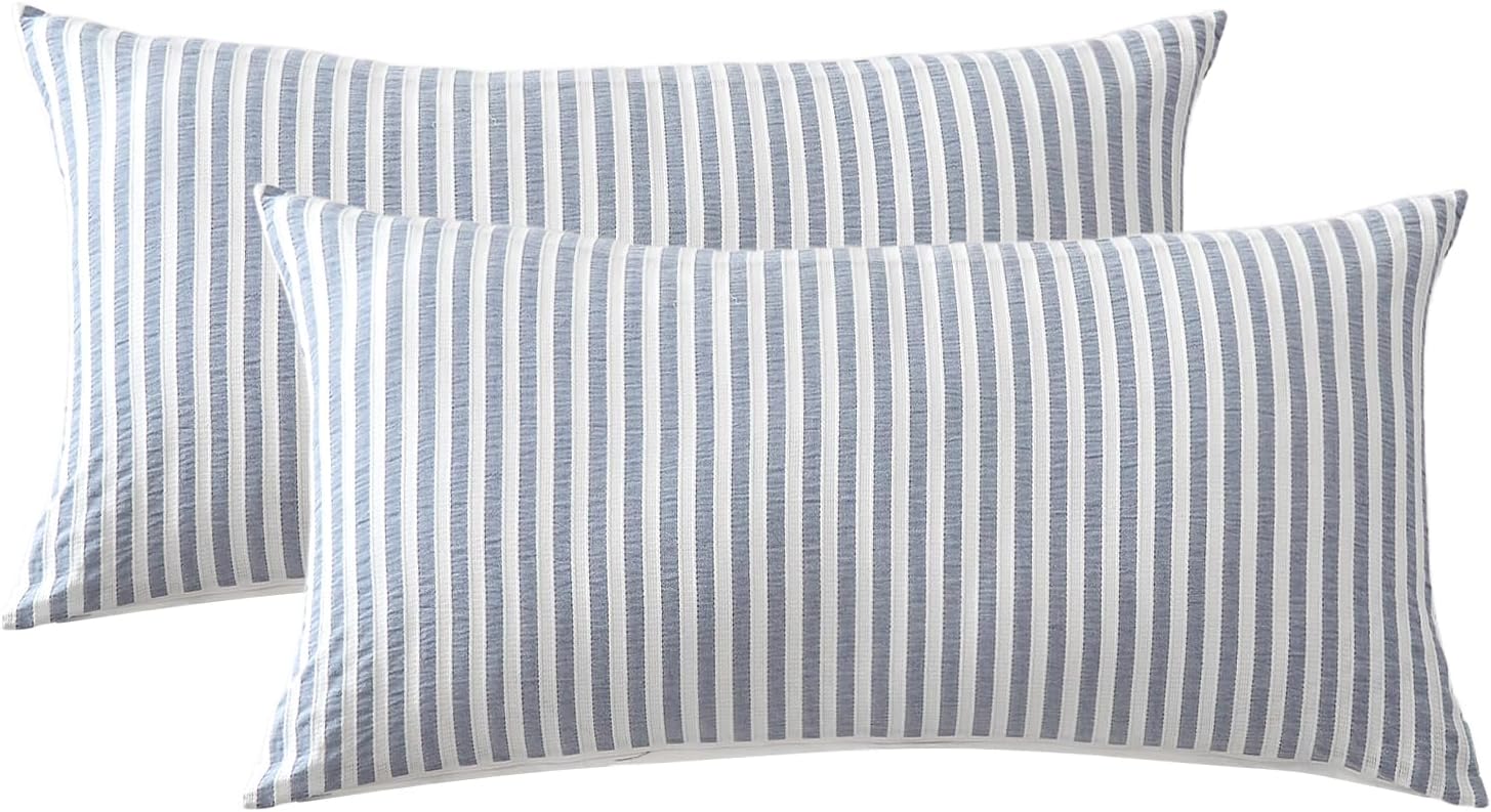 Detalle de SOULFUL Kissenbezüge 40x80 aus Baumwolle – gestreift, Jacquard, Denim Blau