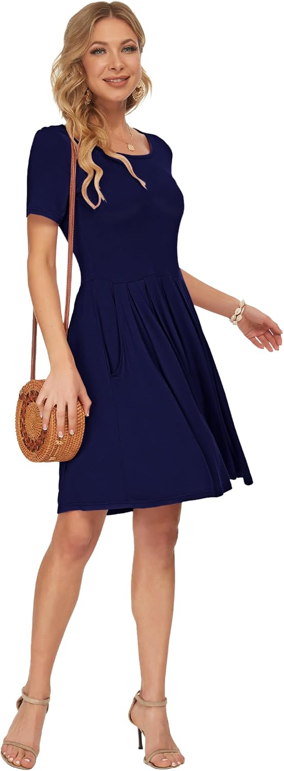 Detalle 2 de AUSELILY Damen Kurzarm Plissee Loose Swing Freizeitkleid mit knielangen Taschen