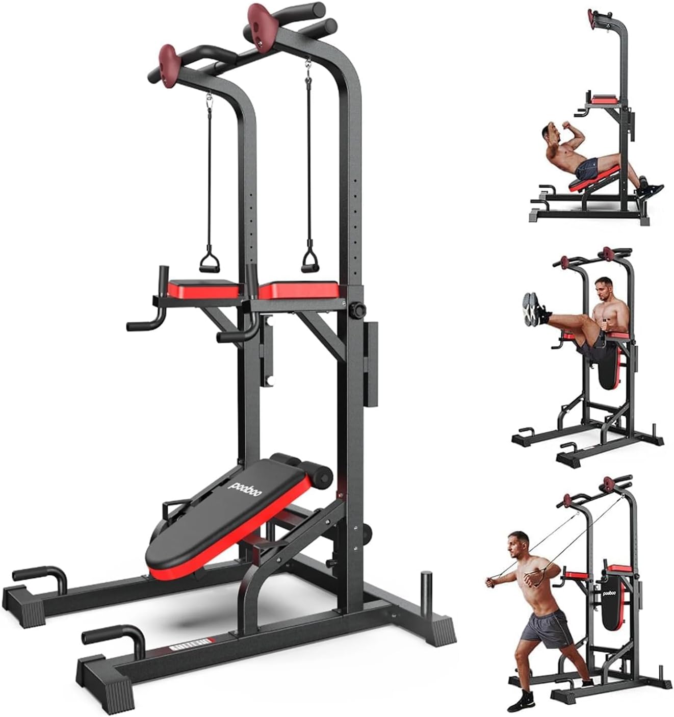 Detalle de pooboo Power Tower Dip Station with 11 Height Settings and Folding Bench