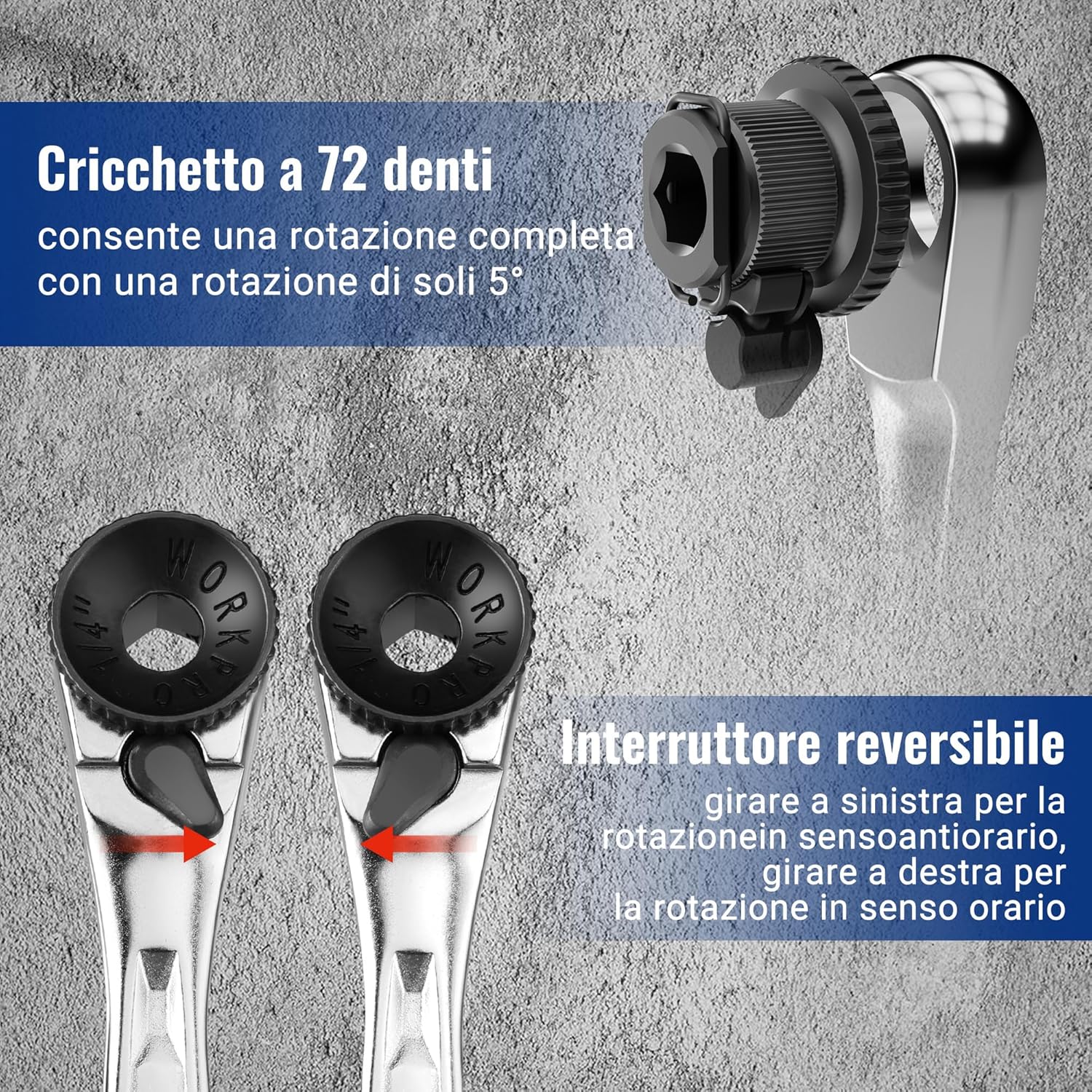 Thumbnail 3 de WORKPRO Mini chiave a cricchetto doppia testa 1/4" – design 3 in 1, 72 denti, 105 mm