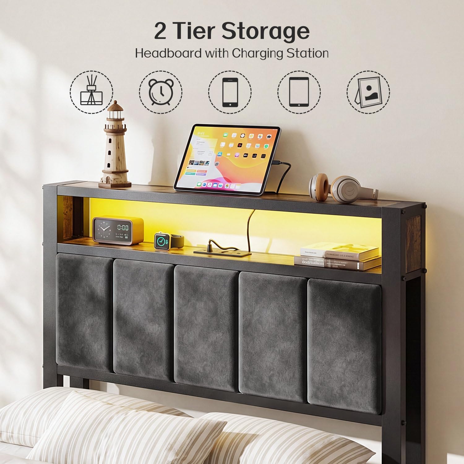 Thumbnail 2 de OLEVS Twin Metal Platform Bed Frame with LED Headboard, Storage & Charging Station