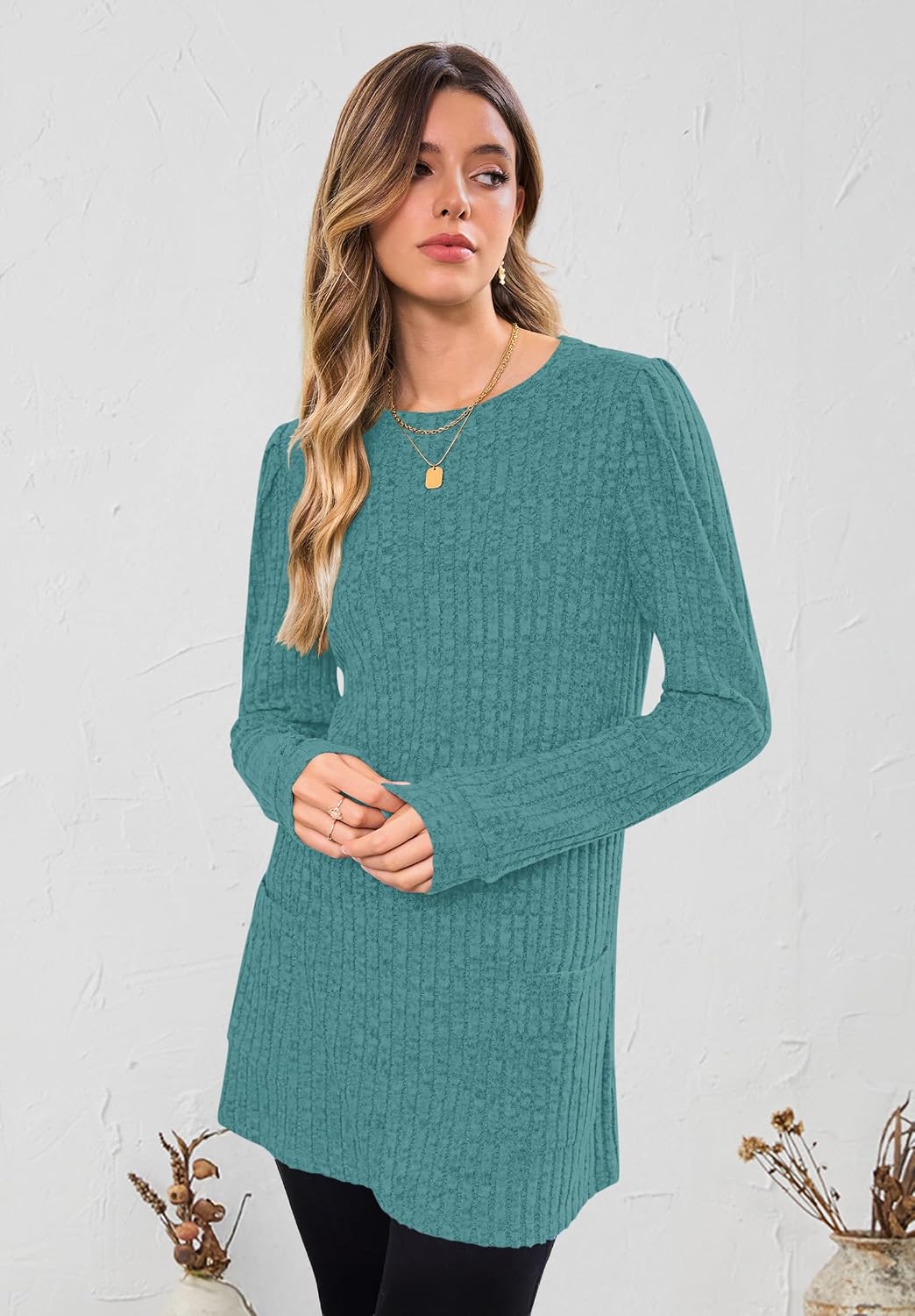 Detalle de WNEEDU Women's Sweater Tunic Dress, Long Sleeves, Pockets and Vertical Stripes