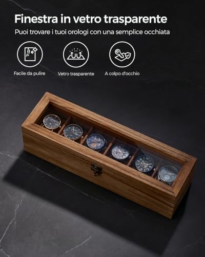 Thumbnail 4 de SONGMICS JOW006K01 scatola per orologi in legno, 6 scomparti e coperchio in vetro