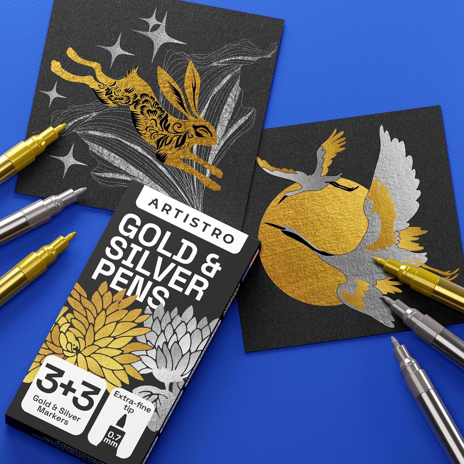 Detalle de Artistro 6 Gold & Silber Acrylstifte (wasserbasiert) – 6er Set mit extra-feiner Spitze für Stein, Keramik, Glas & mehr