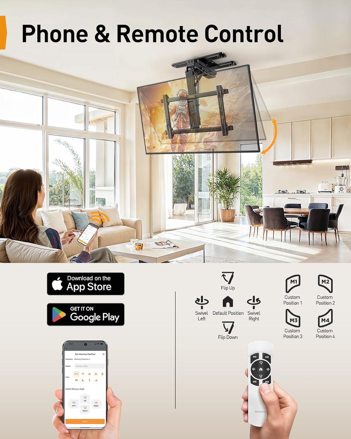 Thumbnail 3 de Perlegear PGCM12B Electric Ceiling TV Mount: Motorized Full-Motion for 32"–75" TVs up to 110 lbs