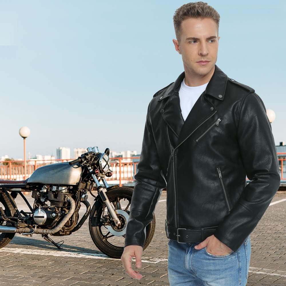 Detalle de Fahsyee Bike Coat Men's Faux Leather Biker Jacket, Slim Fit with Belt