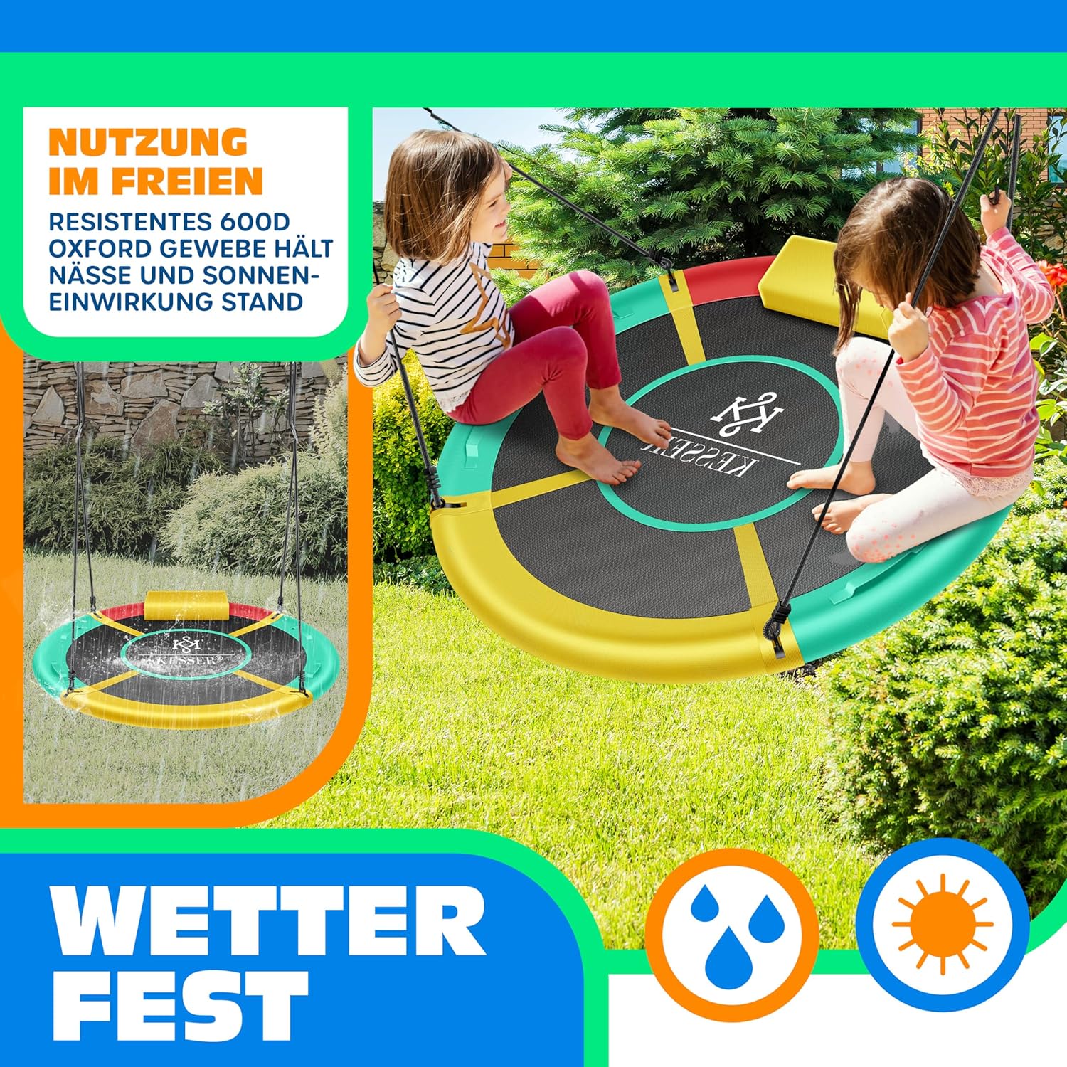 Detalle de KESSER Nestschaukel Rundschaukel Ø60 cm – belastbar bis 200 kg, mit Kissen und 4 Griffen