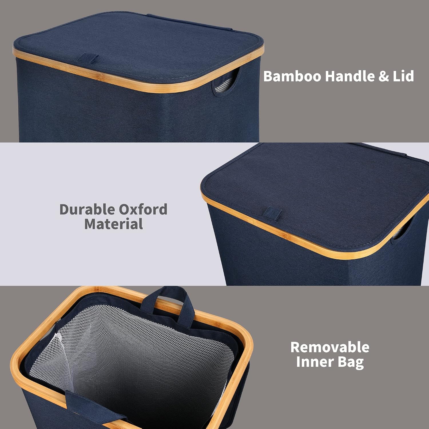 Detalle de efluky Wasmand 100 liter met bamboe deksel, uitneembare waszak en inklapbaar ontwerp