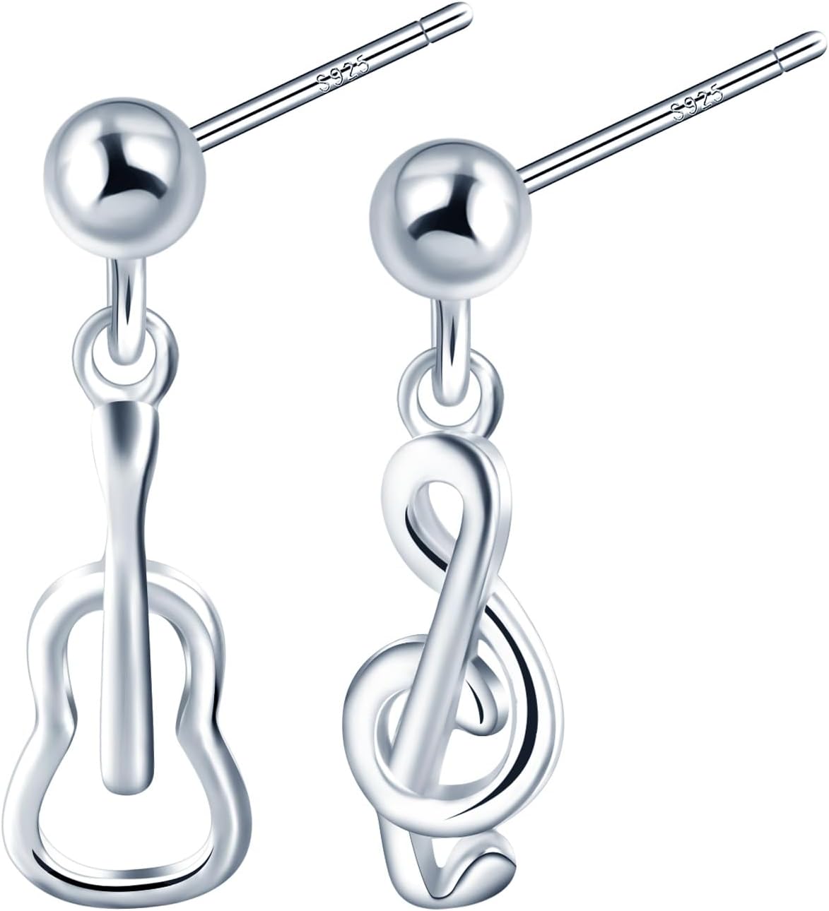 Detalle de MOOFUN Musik Ohrringe: Silberne Gitarren-Noten Ohrstecker aus 925er Sterling Silber