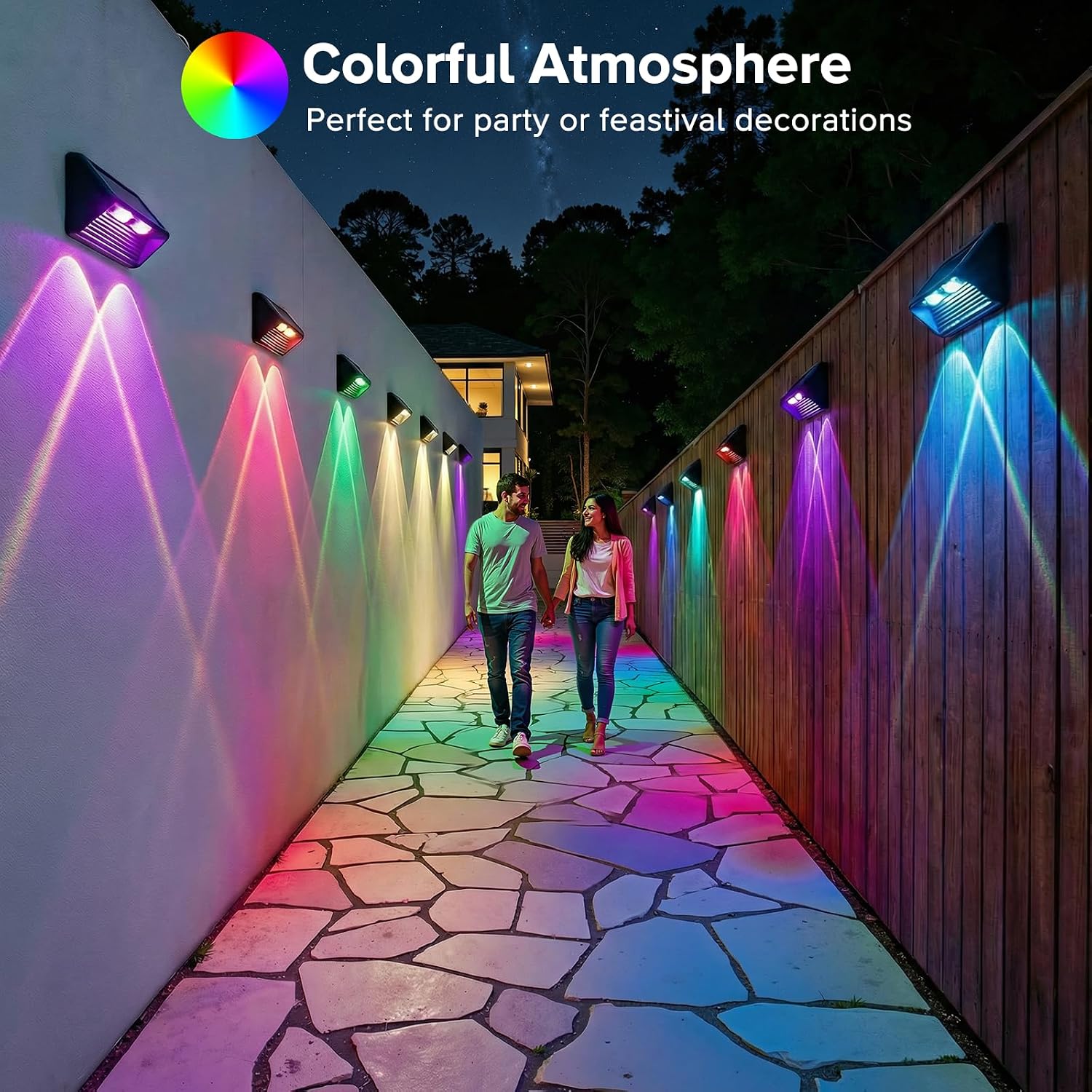 Detalle 2 de BUCASA Solar Fence Lights Outdoor Garden 4 Pack: 3000K Warm + RGB Colour, 8 Modes, IP65, Solar Powered