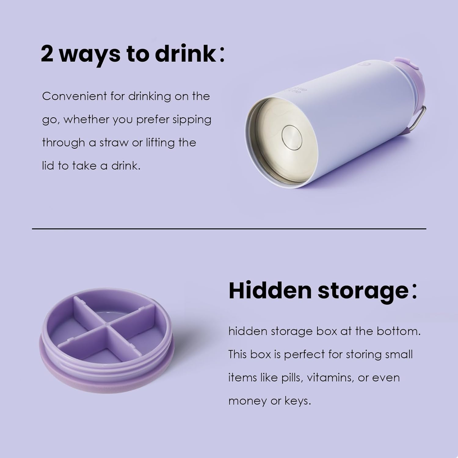 Thumbnail 4 de BOTTLE BOTTLE Edelstahl-Trinkflasche 1 l mit Strohhalm und Pillenfach (doppelwandig, BPA-frei) – Hellviolett