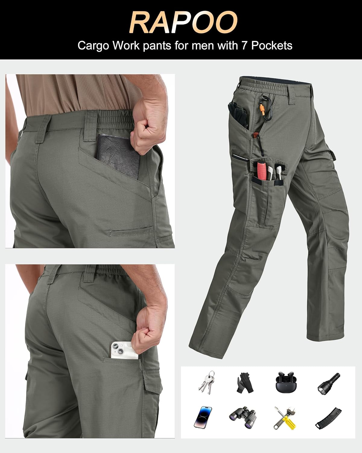 Detalle de Rapoo Cargohose Herren Outdoor Workwear: Ripstop-Wandhose mit 7 Taschen