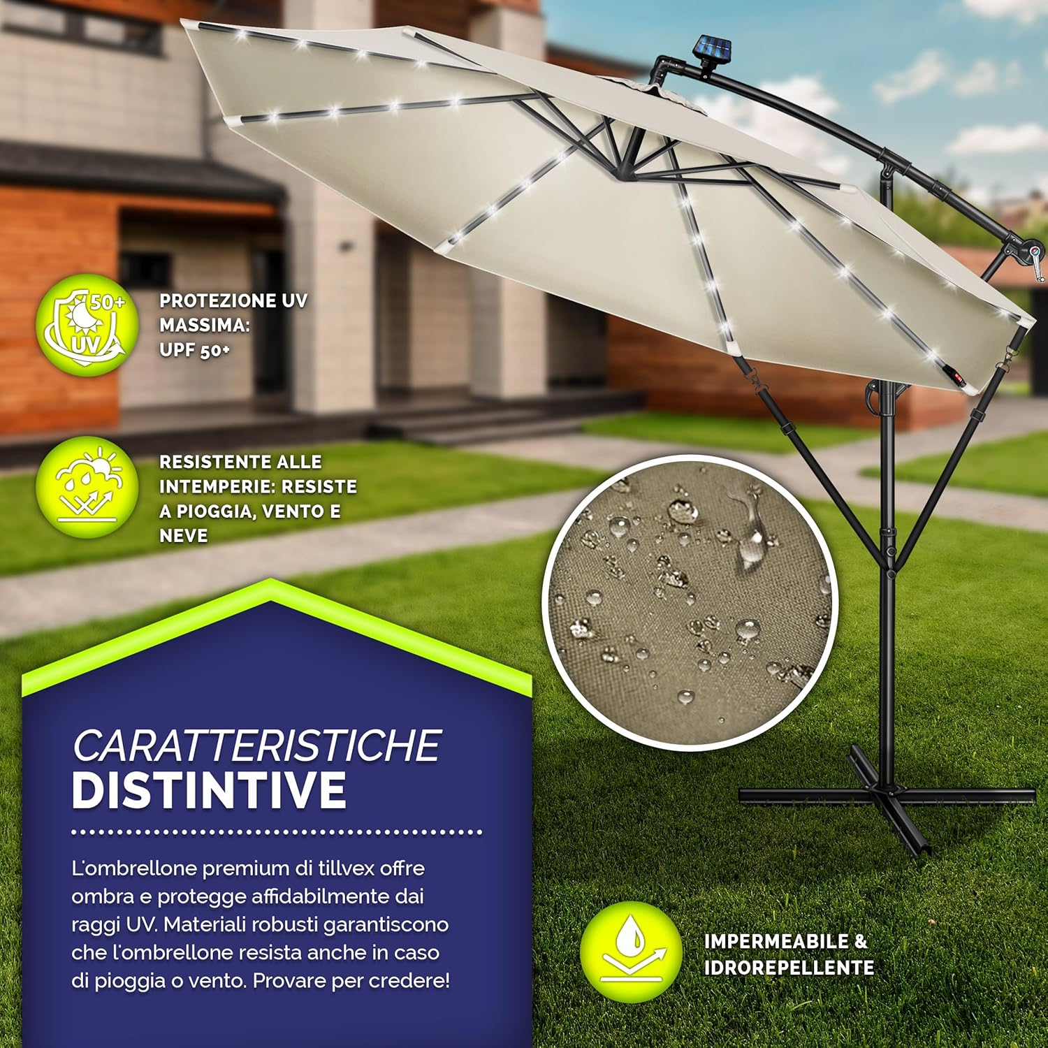 Thumbnail 1 de Tillvex Ombrellone da giardino LED solare Ø300 cm con manovella e base | Alluminio impermeabile