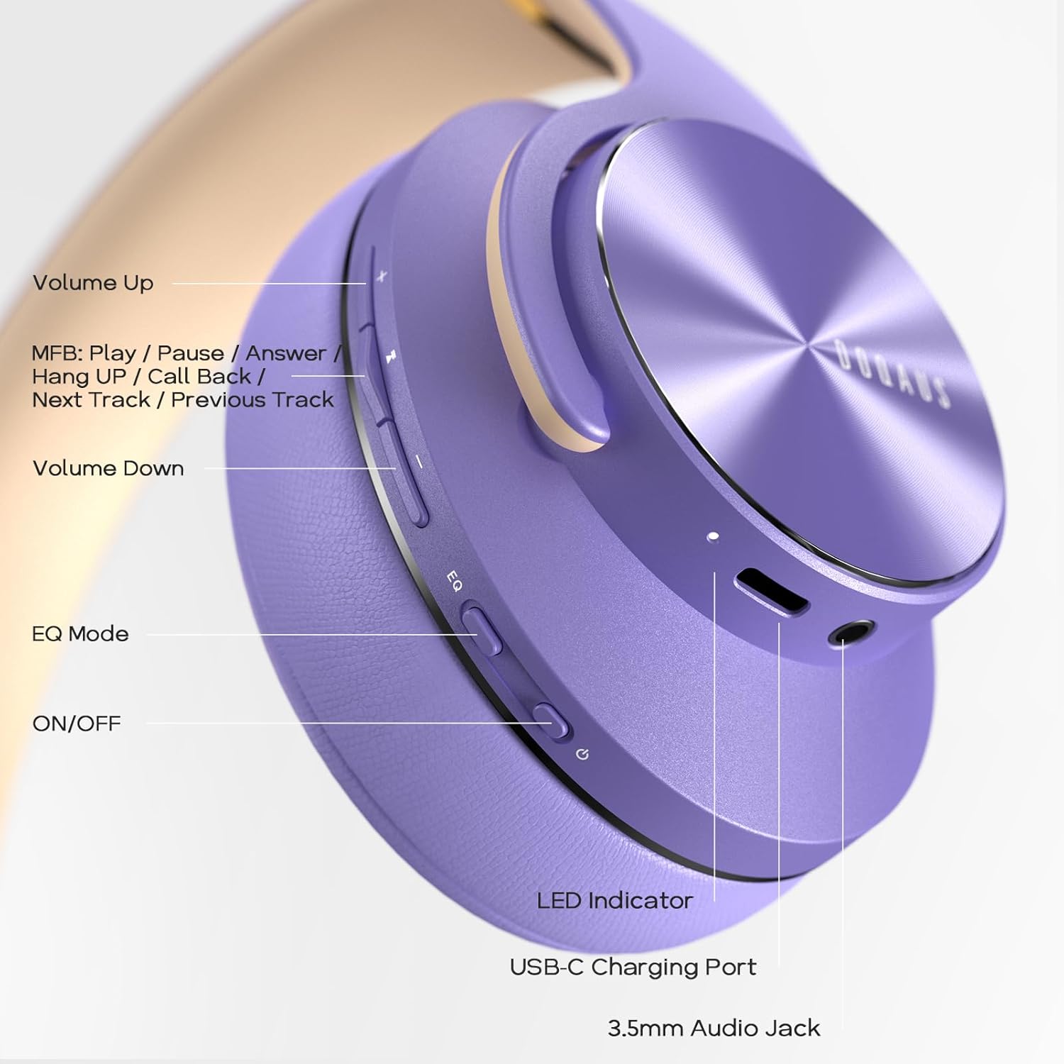 Thumbnail 6 de DOQAUS Bluetooth Headphones Over Ear with 90H Playtime — 5.3 BT, 3 EQ Modes, Foldable & Mic (Purple)