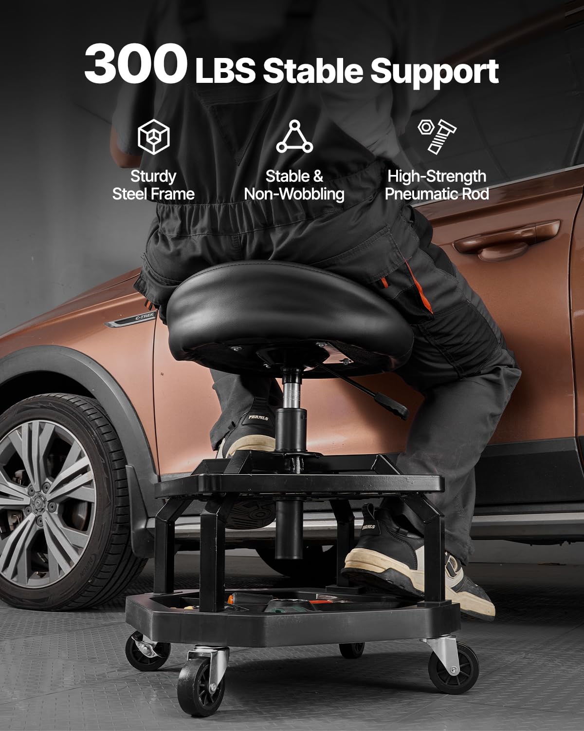Thumbnail 6 de VEVOR Tabouret d'atelier roulant à hauteur réglable – support lombaire, 360° et 136 kg