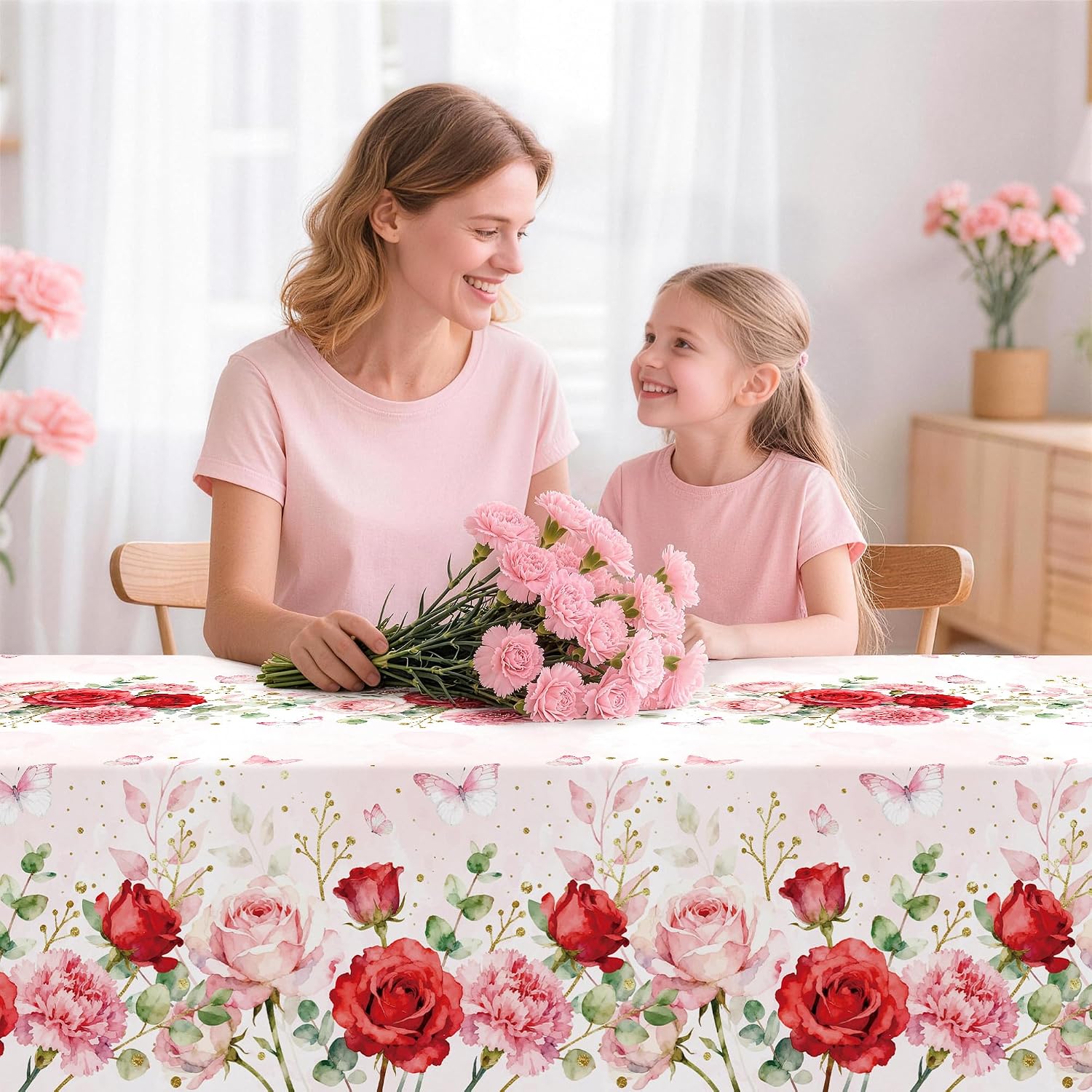 Detalle de Childom 3-Pack Pink Floral Disposable Plastic Tablecloths, 54 x 108 Inches