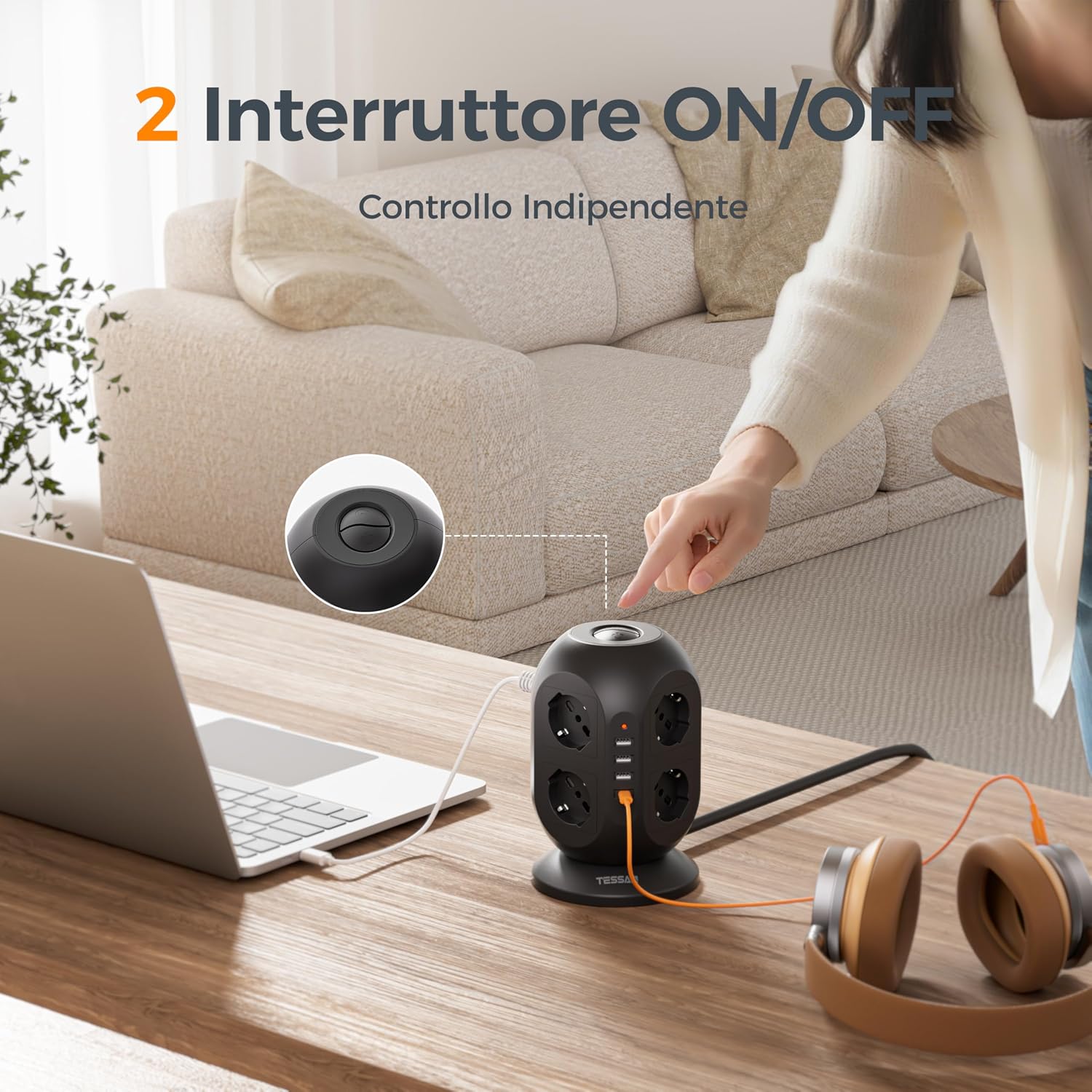 Thumbnail 2 de TESSAN Ciabatta Multipresa 8 Schuko con 4 USB | Torretta con prolunga 2m e interruttore