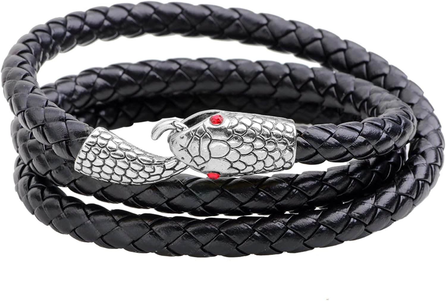 Detalle de JewelryWe Herren Armband Gotik Edelstahl Schlange – Geflochtenes Lederarmband, Schwarz Braun Blau Silber