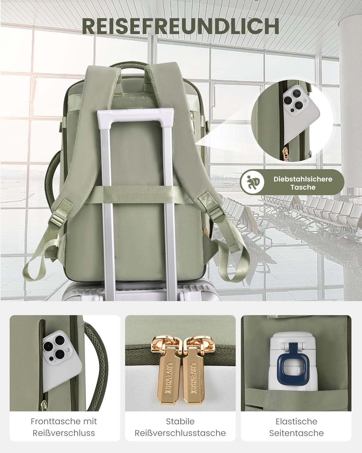 Detalle 2 de LOVEVOOK Handgepäck-Rucksack 40L (17,3 Zoll) – erweiterbar, Cabin Bag für Flugzeug & Business, Teegrün