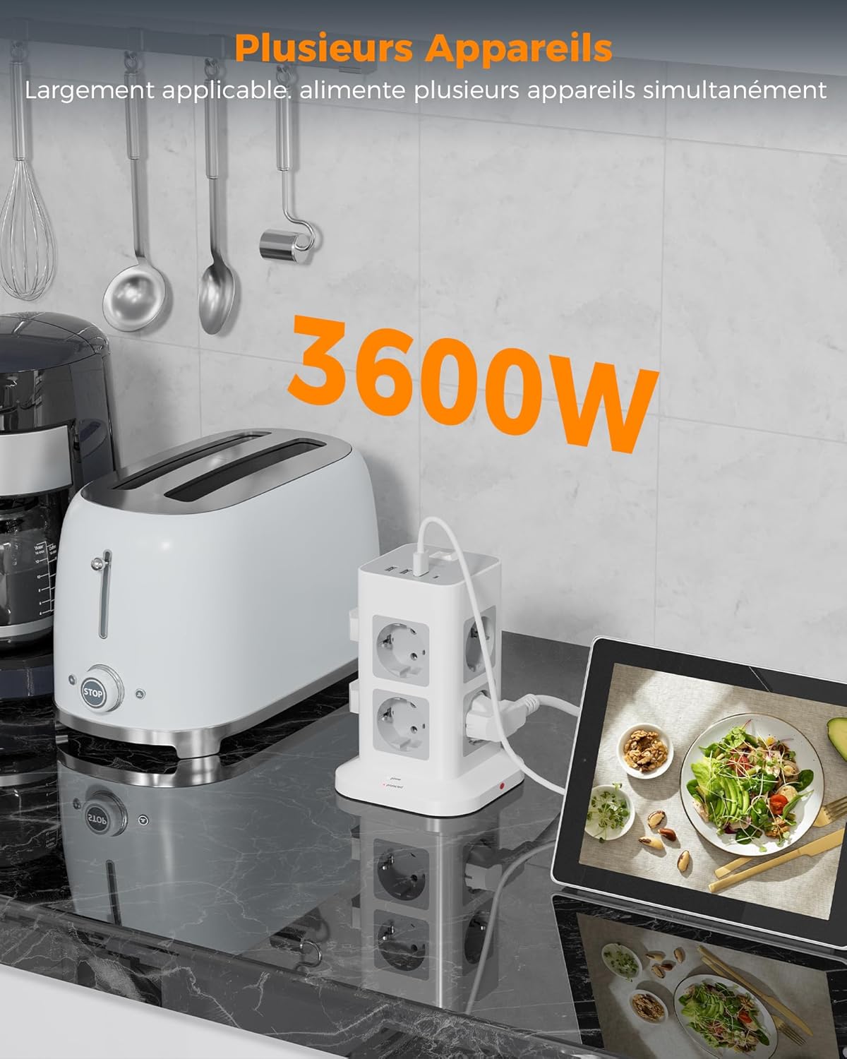 Thumbnail 5 de TESSAN Tour Multiprise 8 sorties AC avec 4 USB (3A, 1C) et interrupteur — rallonge 2 m, protection surtension, gris