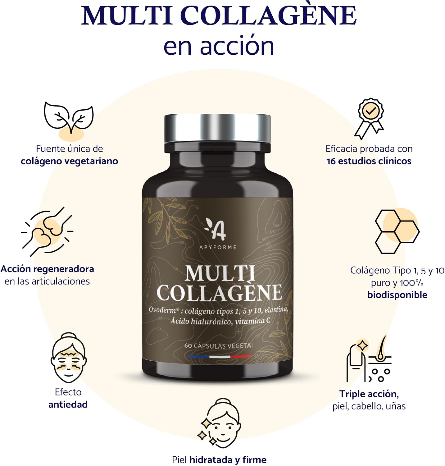 Detalle 2 de Apyforme - Colágeno Hidrolizado y Ácido Hialurónico 💧 60 Cápsulas
