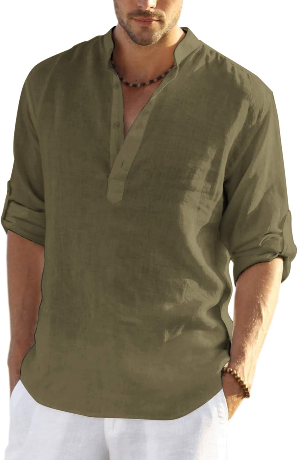 Detalle 2 de COOFANDY Herren Hemd Langarm Henley Shirt aus Leinen und Baumwolle – Slim Fit