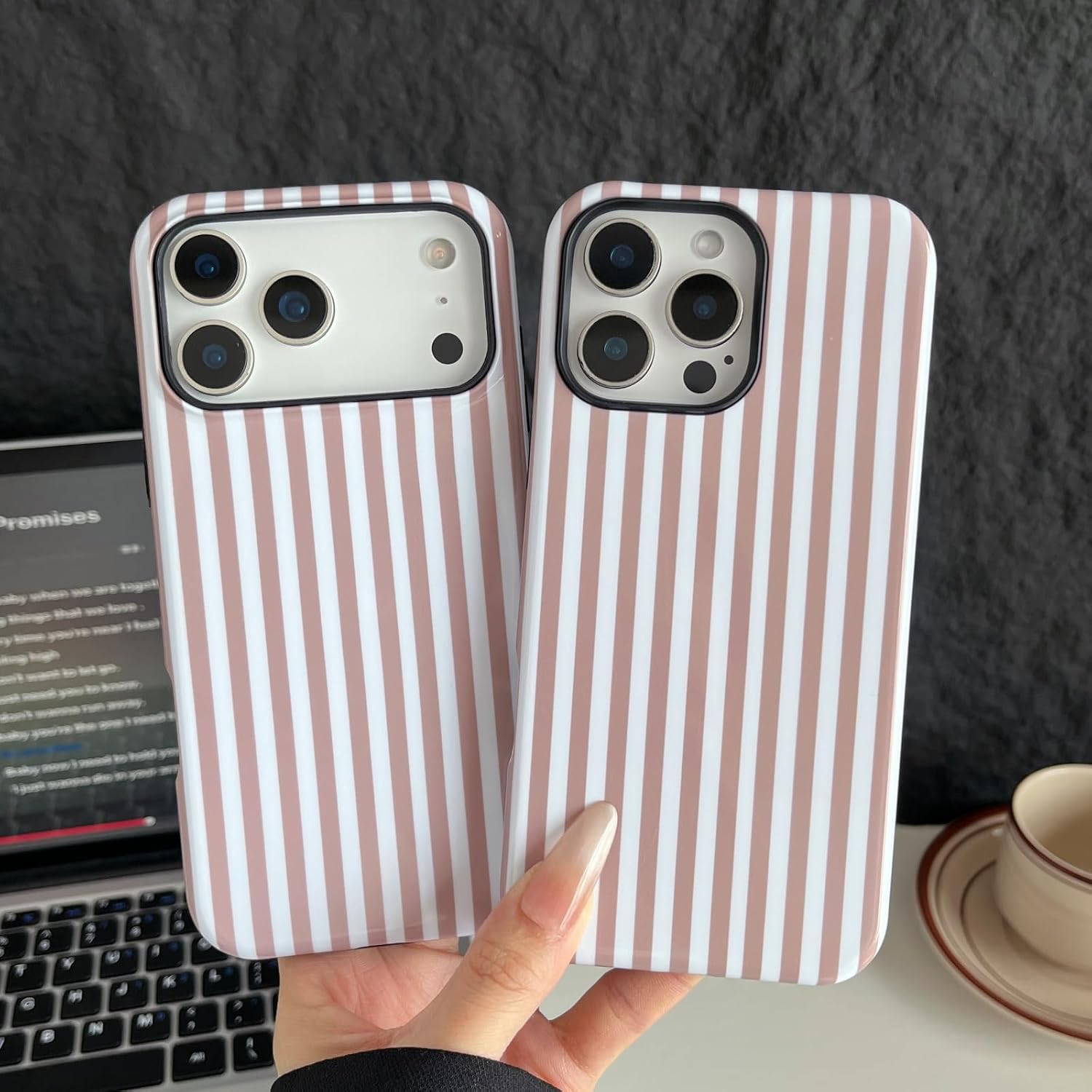 Thumbnail 6 de Longlayss iPhone 17 Pro Max Case — Cute Striped Shockproof Slim TPU & Hard PC Cover (Light Brown)